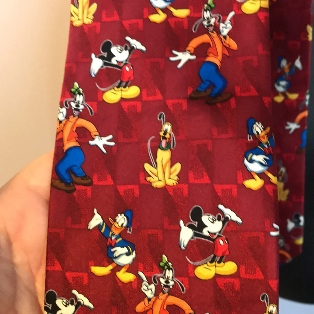 Mickey Unlimited Silk Handmade Mickey Donald Pluto Goofy Dark Red Necktie Retro